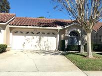 Exterior of charming villa with a two-car garage and well-manicured lawn at 3875 Darston St, Palm Harbor, FL 34685