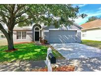 Charming single-story home with a manicured lawn, mature tree, and a two-car garage at 4317 Knollcrest Ct, Spring Hill, FL 34609