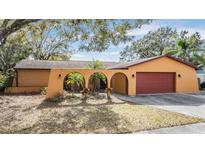 Tan house with red garage door and arched entryway at 1417 Windjammer Loop, Lutz, FL 33559