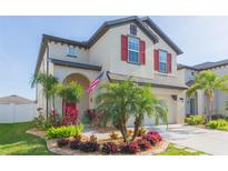 Two-story house with red shutters, palm trees, and a well-manicured lawn at 5344 Little Stream Ln, Wesley Chapel, FL 33545