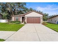 House exterior featuring a brown garage door, landscaping, and a paved driveway at 15571 Stone House Dr, Brooksville, FL 34604
