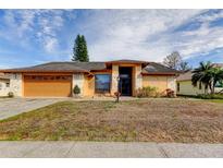 Tan house with a two-car garage and mature landscaping at 4728 Swallowtail Dr, New Port Richey, FL 34653