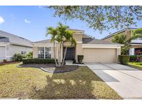 Tan house with palm trees, landscaped lawn, and a two-car garage at 12317 Cedarfield Dr, Riverview, FL 33579