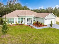 Single-story house with landscaped yard, attached garage, and a neutral color palette at 11421 Petrel Ave, Weeki Wachee, FL 34614