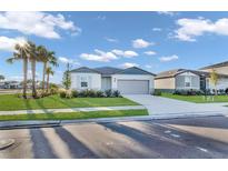 One-story home with gray siding, stone accents, and a two-car garage at 13906 Richland Gulf Cir, Parrish, FL 34219