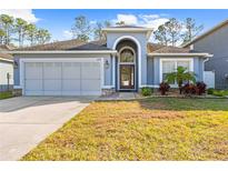 Single-story home with two-car garage and landscaped lawn at 12922 Saulston Pl, Hudson, FL 34669