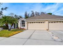 House exterior featuring a three-car garage and well-manicured lawn at 30817 Prout Ct, Wesley Chapel, FL 33543