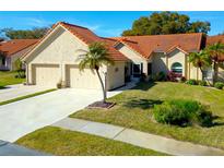 Spanish style home with two-car garage and landscaped lawn at 1162 Rustlewood Ct, Palm Harbor, FL 34684