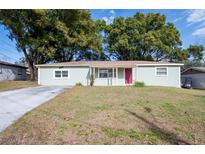 Charming light green house with a red door and well-maintained lawn at 27103 Wakefield Dr, Brooksville, FL 34602