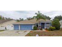 House exterior featuring a two-car garage and palm tree at 1530 Davenport Dr, New Port Richey, FL 34655