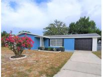 Cute blue house with a well-maintained lawn and driveway at 3546 Cheswick Dr, Holiday, FL 34691