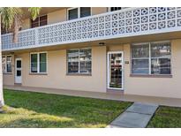 Building exterior featuring a walkway to the condo entrance with a glass door at 5095 Bay Ne St # 117, St Petersburg, FL 33703