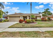 Single-story home with a landscaped lawn and attached garage at 393 Waterford E Cir, Tarpon Springs, FL 34688