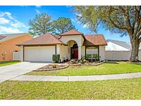 Charming single-story home features a two-car garage and a well-maintained front yard with flower beds at 18529 Otterwood Ave, Tampa, FL 33647