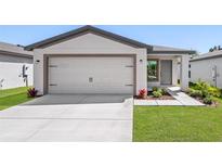 Modern house exterior with a two-car garage and well-manicured lawn at 29543 Fedora Cir, Brooksville, FL 34602