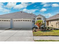 Charming single-story home featuring a two-car garage and inviting landscaped front yard at 31806 Larkenheath Dr, Wesley Chapel, FL 33543