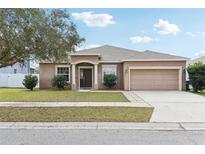 Charming single-story home featuring a neutral color palette and a well-manicured front lawn at 10757 Carloway Hills Dr, Wimauma, FL 33598