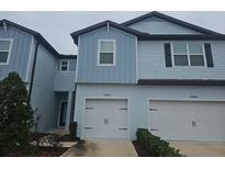 Two-story townhome with light blue siding, two-car garage, and landscaping at 19639 Shady Oak Dr, Land O Lakes, FL 34638