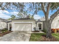 Charming single-story home with a two-car garage, stucco exterior, and mature landscaping at 7408 Trovita Rd, Land O Lakes, FL 34637