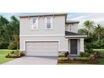 Two-story house with a gray exterior, two-car garage, and landscaping at 10574 Dusty Boot Rd, Land O Lakes, FL 34638