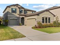 Inviting two-story home featuring a manicured lawn, stone accents, and a spacious driveway leading to a two-car garage at 14866 Paddock Pond Ave, Lithia, FL 33547