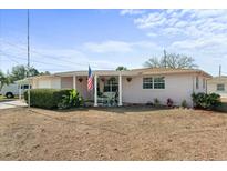 Pink single story home with covered porch and American flag at 2333 Tahitian Dr, Holiday, FL 34691