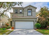 Two-story house with a white garage door and landscaping at 2445 Silvermoss Dr, Wesley Chapel, FL 33544