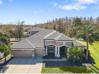 Two-story house with gray roof, three-car garage, and palm trees in the front yard at 31716 Baymont Loop, Wesley Chapel, FL 33543
