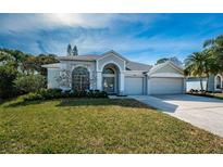 Charming single-story home with a well-manicured lawn, lush landscaping, and a three-car garage at 4754 Stoneview Cir, Oldsmar, FL 34677