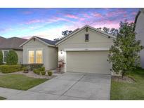 Charming single-story home with a two-car garage, landscaped yard, and beautiful dusk sky at 4927 Rolling Green Dr, Wesley Chapel, FL 33543