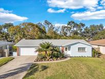 Charming single-story home with manicured lawn and fresh landscaping, with a light-blue exterior and an attached garage at 2555 68Th S Ave, St Petersburg, FL 33712