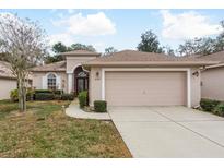 Tan house with a two-car garage and well-manicured lawn at 6538 Green Acres Blvd, New Port Richey, FL 34655