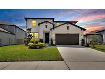 Beautiful two-story home features a manicured lawn, a two car garage, and a modern white facade at 13526 Palmera Vista Dr, Riverview, FL 33579