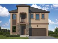 Elegant two-story home featuring a stone facade, covered balcony, and two-car garage at 3022 W Cass St, Tampa, FL 33609