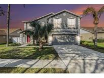 Charming two-story home featuring a well-maintained lawn, beautiful trees, and a spacious two car garage at 5914 Falconwood Pl, Lithia, FL 33547