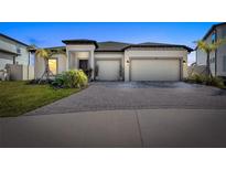 Beautiful single-story home featuring a spacious three-car garage and a beautifully paved driveway at 3192 King Fern Dr, Wimauma, FL 33598