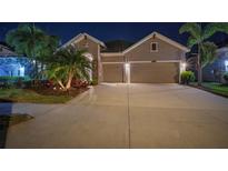 Charming two-car garage home featuring a manicured lawn with tropical landscaping and inviting lighting at night at 7432 Paradiso Dr, Apollo Beach, FL 33572