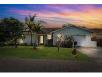 Charming single-story home featuring a well-manicured lawn and lush landscaping under a colorful evening sky at 1035 County Road 90, Palm Harbor, FL 34684