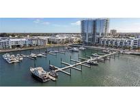 Aerial view of a marina with many boats and a high rise building in the background at 5120 Marina Way # 14002, Tampa, FL 33611