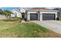 Charming home featuring a well-manicured lawn, a two-car garage and mature landscaping at 27045 Firebush Dr, Wesley Chapel, FL 33544