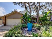 Charming home featuring a well-manicured front yard with a unique blue fountain at 3089 Enisglen Dr, Palm Harbor, FL 34683