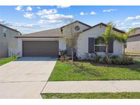 Charming single-story home with a well-manicured lawn, gray trim, and an attached two-car garage at 36642 Garden Wall Way, Zephyrhills, FL 33541