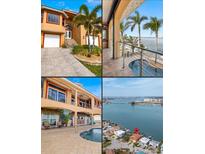 Exterior combination shot showcasing the home's front view, balcony, back patio, and aerial location at 854 Bay Point Dr, Madeira Beach, FL 33708