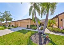 Charming single-story home featuring a lush, well-manicured lawn, and mature palm trees at 320 Seneca Falls Dr, Apollo Beach, FL 33572