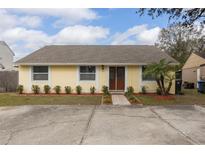 Inviting yellow home featuring a well-maintained front yard and a charming walkway to the front door at 16135 Sandcrest Way, Tampa, FL 33618