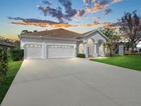 Charming single-story home with three-car garage and a well-manicured lawn for curb appeal at 1545 Deerbourne Dr, Wesley Chapel, FL 33543