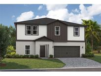 Two-story home boasts modern design with gray and white color scheme, attached garage, and manicured lawn at 2040 Stillview Pass, Zephyrhills, FL 33541