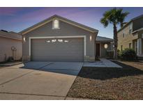 Charming single Gathering home with a two car garage, gray siding, and palm tree in the front yard at 8133 Canterbury Lake Blvd, Tampa, FL 33619