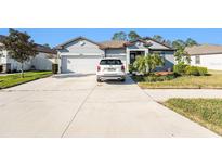 Charming single-story home features a well-manicured lawn, an attached garage, and a neutral exterior paint scheme at 12593 Palapa Loop, Spring Hill, FL 34610