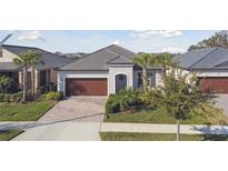 Beautiful aerial view of a single-story home with a brick driveway, well-kept landscaping, and a sleek roof at 31675 Cannon Rush Dr, San Antonio, FL 33576